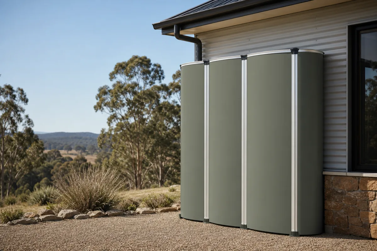 MyTankCo modular water tank finished in Colorbond Pale Eucalypt on a rural property