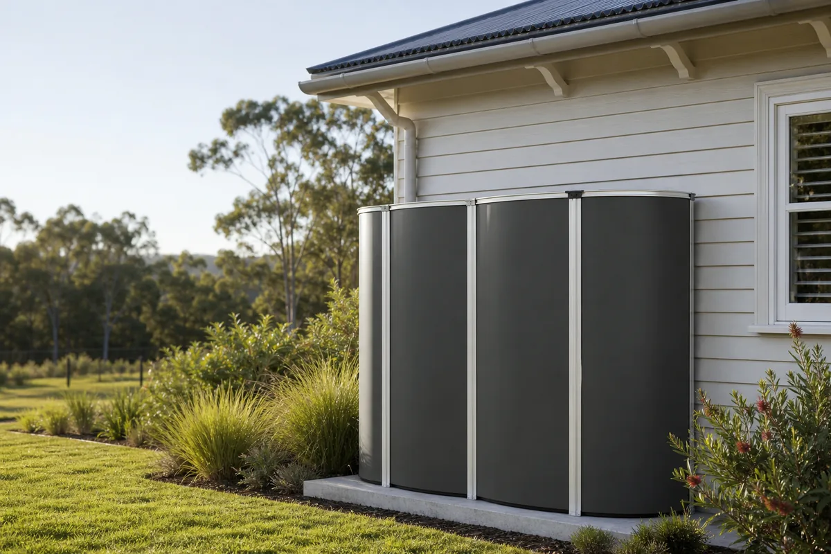 MyTankCo modular water tank finished in Colorbond Woodland Grey beside a weatherboard home