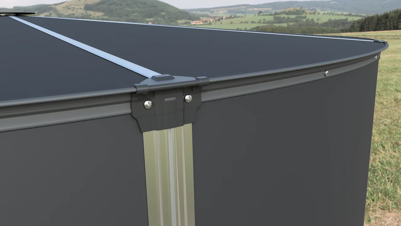 Raw aluminium vertical extrusion joining two MyTankCo wall panels